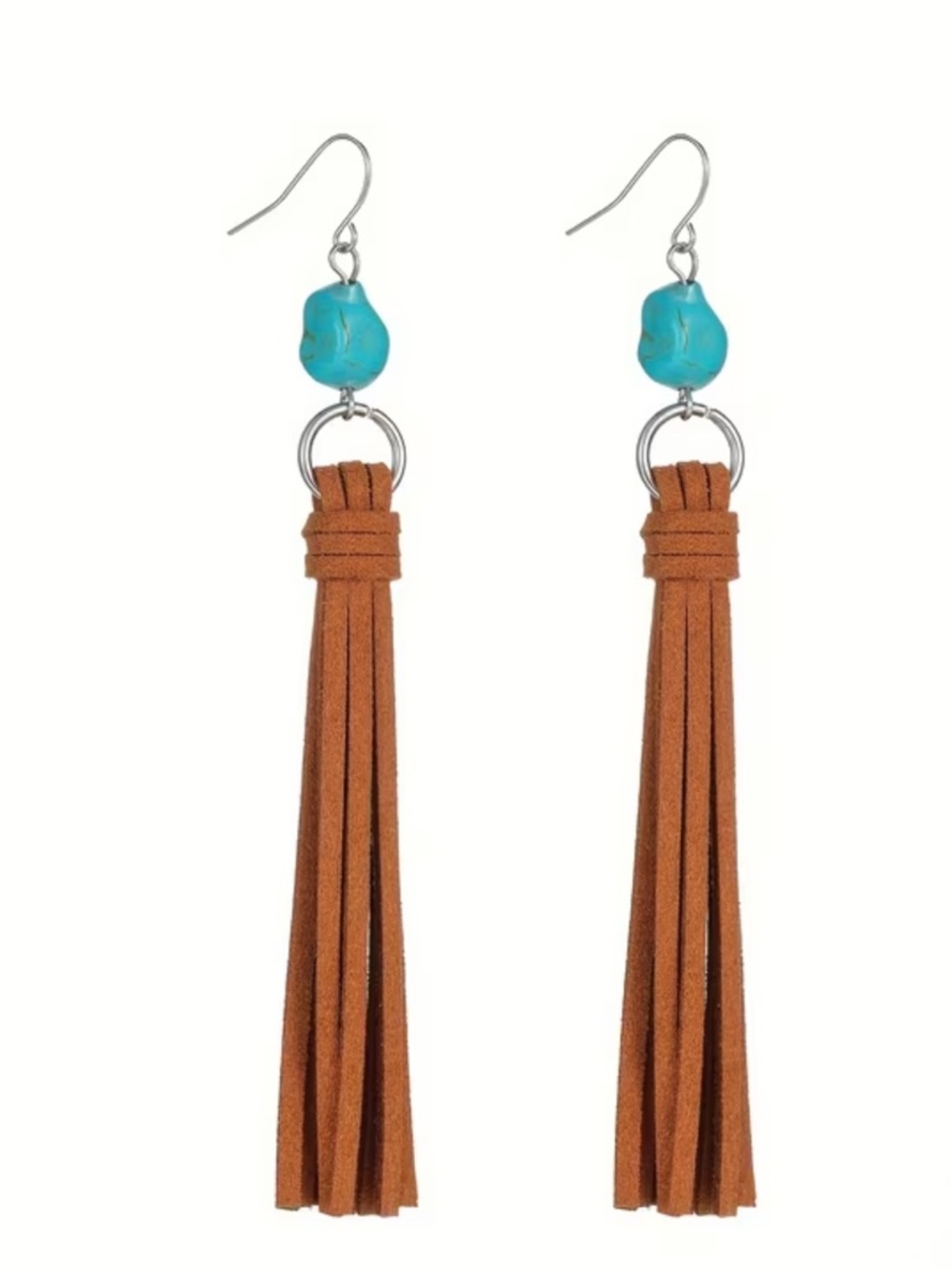 Tassel & Turquoise Stone Western Boho Chic Tan Tassel Drop Earrings